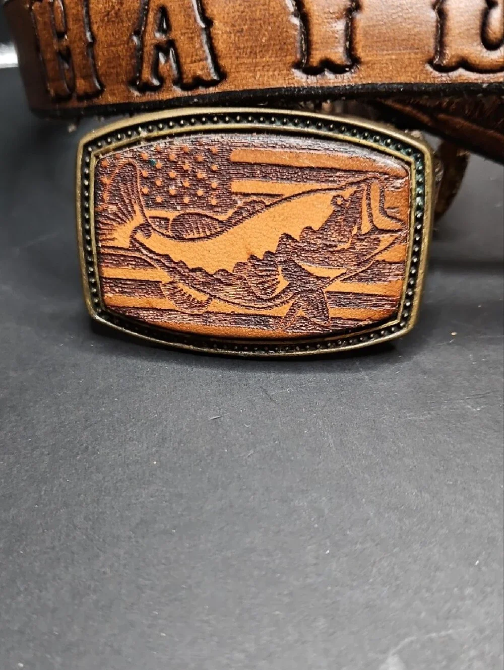 Hand Crafted Brown Leather Kids Belt with Engraved 'HAYDEN' and Scenic Buckle
